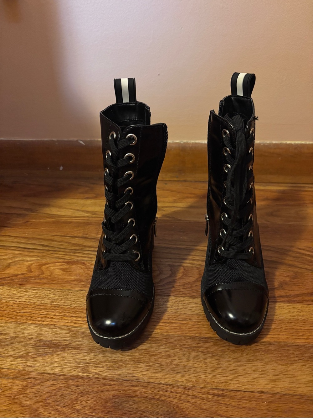 BCBGeneration Black Lace-Up Combat Boots with Gloss Cap Toe